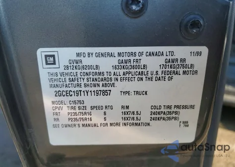 2000 Chevrolet Silverado C1500 из США, поврежденный, VIN 2GCEC19T1Y1197857